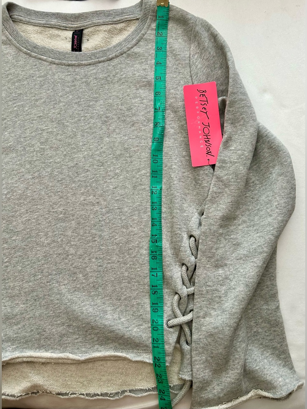 NWT - Betsey Johnson Performance Crop Braided Flare Sleeve Gray Sweatshirt - Picture 11 of 11